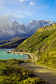 Lake Pehoe with Towers of Paine (Cuernos del Paine Mountains) in background, Torres del Paine National Park, Patagonia, Chile