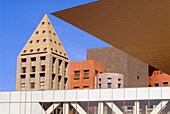 Frederic C. Hamilton Building, Denver Art Museum on right (with bridge which connects to Northern Building of the Museum) and the Denver Central Library in background, Civic Center Cultural Complex, Denver, Colorado USA