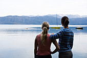 Two young women at Lake Walchensee, Upper Bavaria, Bavaria, Germany