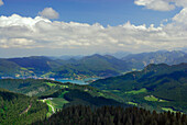 Aussicht auf den Tegernsee und Aueralm vom Fockenstein, Bad Wiessee, Bayerische Voralpen, Bayerische Alpen, Oberbayern, Bayern, Deutschland