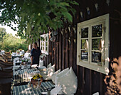 Terrace of old style restaurant Fischerstübchen, part of Hotel Zur Bleiche Resort & Spa, village of Burg, Upper Spreewald, Spreewald, Brandenburg, Germany