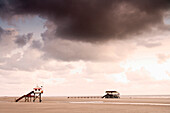 Stelzenhäuser am Strand von St. Peter-Ording, Schleswig-Holstein, Deutschland