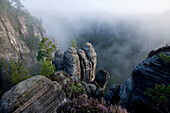 Felsformation im Nebel, Neurathener Felswände in der Sächsischen Schweiz, Elbsandsteingebirge, Sachsen, Deutschland, Europa