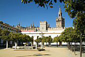 Patio de Banderas, Giralda tower in background. Reales Alcazares. Seville. Spain