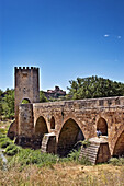 Medieval bridge over Ebro river in Frías. Burgos province, Castilla-León. Spain