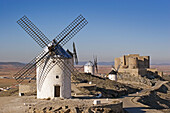 Windmills and castle. Consuegra. Toledo province. Castilla-La Mancha. Spain