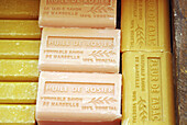 Bars of hand made soap, for sale at an outdoor market in Provence, France