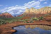 Distant formations reflect in an ephemeral pool left behind by a passing monsoon storm in Sedona, Arizona, USA.