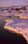 View of Ilulissat from the sea in spring at sunset, Disko bay, Greenland