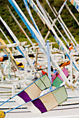 Fishing boat masts, two flags foreground. Indonesia