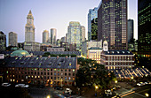 Financial district buildings and Faneuil Hall marketplace at right. Boston. USA