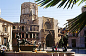 Gothic facade of the Cathedral, Plaza de la Virgen, Valencia, Spain