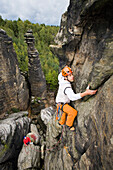 Climber on Kleiner Herkulessaule, Bielatal, Saxon Switzerland, Saxony, Germany