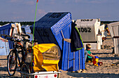 Strandkörbe am Strand im Sonnenlicht, St. Peter Ording, Schleswig-Holstein, Deutschland, Europa