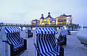 Beach chairs and pier, Sellin, Ruegen Island, Mecklenburg Western-Pomerania, Germany