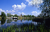View over river Havel to Werder with Holy Spirit Church and Goat's windmill, Werder, Brandenburg state, Germany