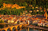 Europe, Germany, Baden-Wuerttemberg, Heidelberg, view of Heidelberg from Philosophenweg upon the old town with the castle, Heiliggeistkirche and Alte Brücke