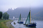 Fishing boats on river Rhine, Burg Katz in background, St. Goarshausen, Rhineland-Palatinate, Germany