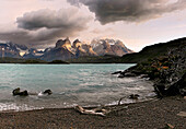 Lake Pahoé in front of Torres del Paine, Torres del Paine National Park, Patagonia, Chile, South America