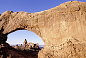 Turret Arch viewed trough North Window. Arches National Park. Utah. US