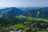 view from Wendelstein to chapell on Wendelstein and valley of river Leitzach, Bavarian foothills, Bavarian range, Upper Bavaria, Bavaria, Germany