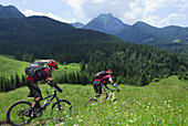 Couple mountain biking on alpine pasture, Bavarian foothills, Bavaria, Germany