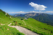 hut Rotwandhaus with Hinteres Sonnwendjoch in background, Rotwand, Spitzing range, Bavarian foothills, Bavarian range, Upper Bavaria, Bavaria, Germany