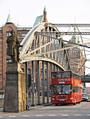 Double-decker bus passing Kornhaus bridge, Hamburg, Germany
