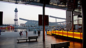 Port Vell: footbridge of Moll d'Espanya, Montjuic cable-car and World Trade Centre, Barcelona. Catalonia, Spain