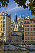 Vieux Lyon with the bell tower of the Church of Saint-Paul, Lyon. Rhône-Alpes, France