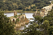 Puente de Ajuda', ruins a a Middle Age bridge, on the Guadiana river, near Olivenza. Badajoz province. Extremadura. Spain.