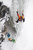 Man ice climbing, Raiden, Hokkaido, Japan