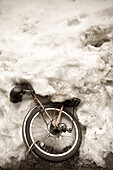 Snow covered bicycle, Sapporo, Hokkaido, Japan, Asia