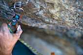 Rock climbing, hand with carabiner next to a rock face, Oetztal, Tyrol, Austria