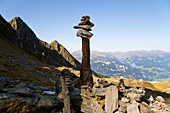 Stone cairn on the Ahornspitze, Zillertal mountains, Alps, Austria