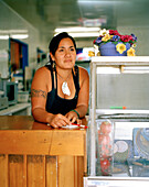 Maori Barb Stainton works at fastfood restaurant on main street, Te Araroa, Eastcape, North Island, New Zealand