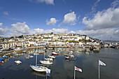 View over harbor with replica of the Golden Hind, Brixham, Torbay, Devon, England, United Kingdom