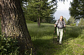 Älterer Mann wandert über Alp Raaft, Berner Alpen, Kanton Wallis, Schweiz