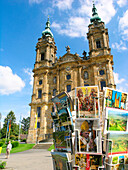 A postcard stand in front of the Basilica ot the Fourteen Holy Helpers, Franconia, Bavaria, Germany