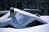 Snow covered hut, ski resort of Motta Naluns, Scuol, Lower Engadine, Engadine, Grisons, Switzerland