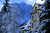 Villa with mountain in background, Vulpera, Tarasp, Lower Engadine, Engadine, Grisons, Switzerland
