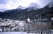 View over the snow covered town of Scuol in the Lower Engadine, Lower Engadine, Engadine, Switzerland
