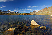 lake Samoarsee with Similaun and Hauslabogel, ascent to Kreuzspitze from hut Martin-Busch-Hütte, Ötztal range, Tyrol, Austria