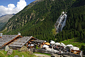 alpine hut Grawa Alm with waterfall Grawa Wasserfall, Grawaalm, Grawafall, Stubaier Alpen range, Stubai, Tyrol, Austria