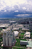 Mormon Tabernacle and church as seen from Mormon Headquarters building, Salt Lake City. Utah, USA