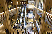 The newly opened Tokyo Midtown in Roppongi. Escalators connecting the 4 Levels of the Galleria, an open Foyer Arcade with modern shops, cafes and restaurants. Tokyo, Japan