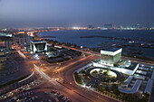 QATAR-Doha: Aerial over Qatar Central Bank and Doha Port towards West Bay / Evening