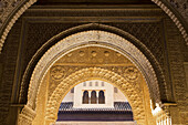 Courtyard of the Lions seen from the Hall of the Two Sisters, Alhambra. Granada, Andalusia, Spain