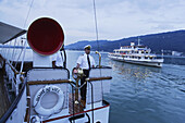 Skipper navigating paddle steamer SD Hohentwiel, Bregenz, Vorarlberg, Austria