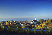 View over vines at the houses and church of Meersburg, Lake Constance, Baden Wurttemberg, GermanyView from the vineyards